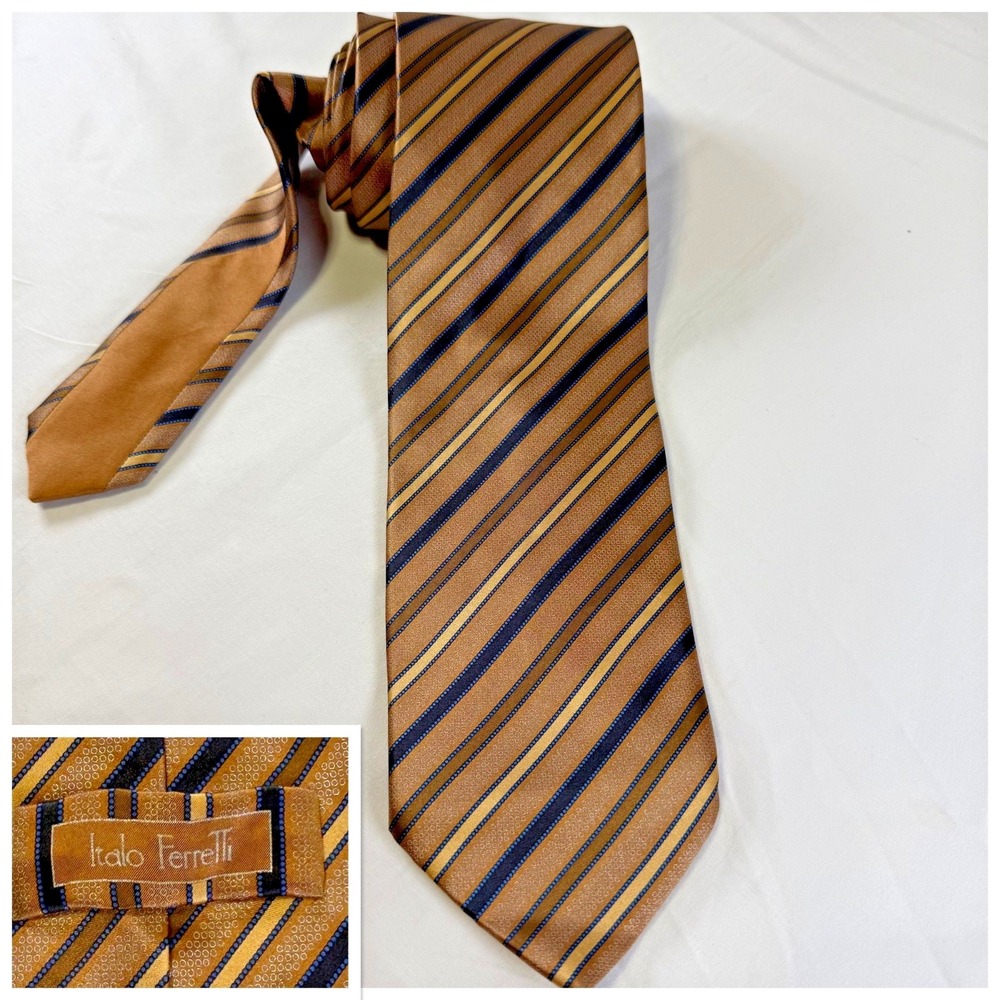 Italo Ferretti Silva Marina Luxury Silk Tie Blue Gold Stripes Handmade in ITALY